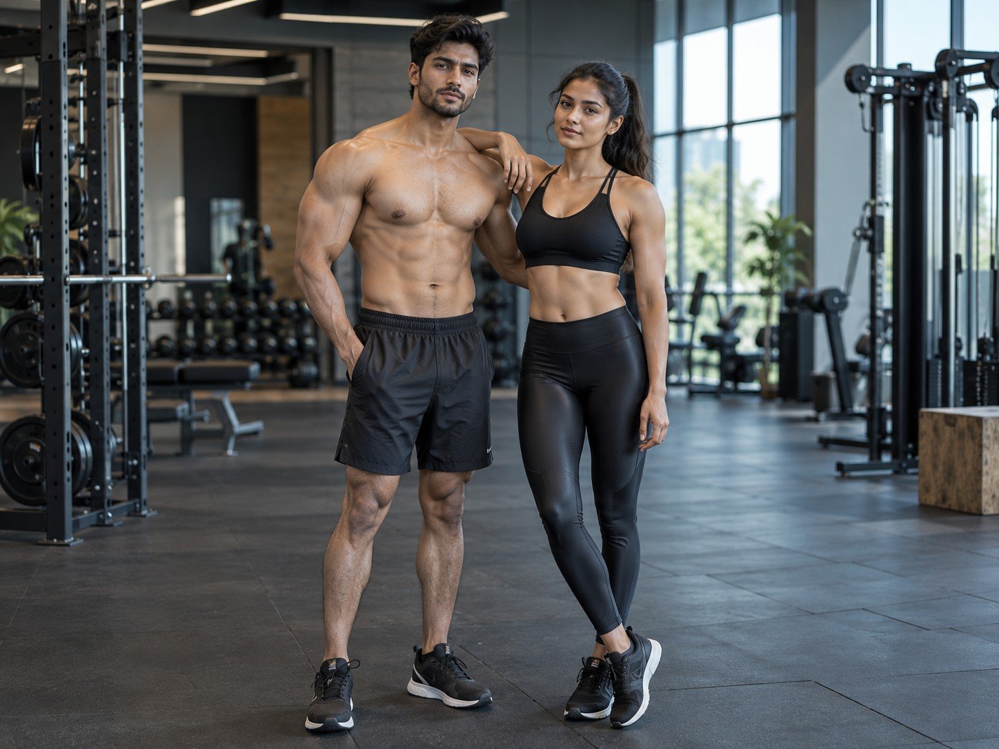 Fit male and female training partners in a modern gym